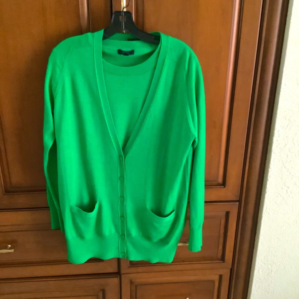 LADIES J. CREW EMERALD GREEN MERINO WOOL TWIN SET WITH LONG CARDIGAN SZ XL